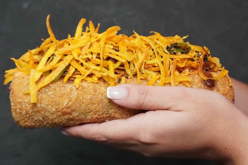 Breakfast Emperor Roll 8 inch fried Ehomaki with bacon, egg, crispy squid, and sweet potato, nothing raw, Tampa