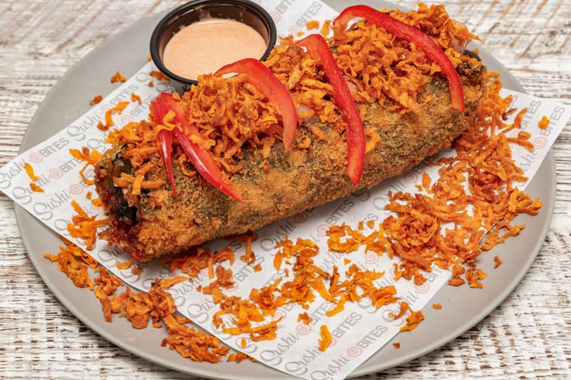 Furai Emperor Roll 8 inch fried salmon Ehomaki with crispy squid and sweet potato, nothing raw, Tampa