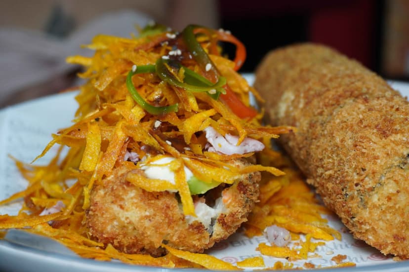 Karaage Emperor Roll 8 inch fried chicken Ehomaki with crispy squid and sweet potato, nothing raw, Tampa