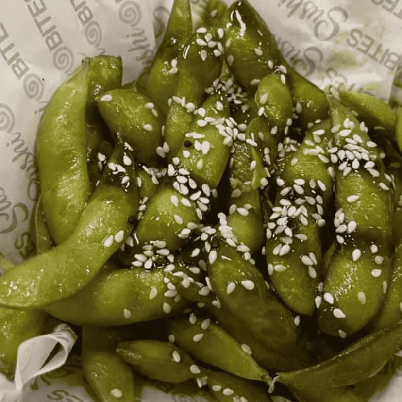 Steamed Japanese soybeans with teriyaki sauce and sesame seeds. A warm, lightly salted side dish.