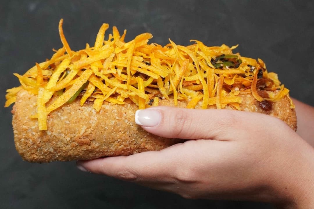 Breakfast Hotdog Roll 8 inch fried Ehomaki with bacon, egg, crispy squid, and sweet potato, nothing raw, Tampa