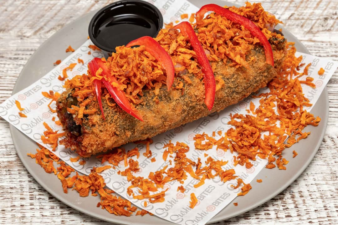 Niku Hotdog Roll 8 inch fried beef and bacon Ehomaki with crispy squid and sweet potato, nothing raw, Tampa